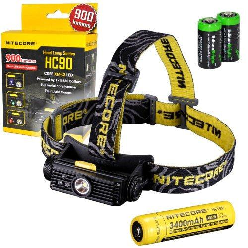 Nitecore HC90 900 Lumen CREE XM-L2 T6 LED USB rechargeable headlamp with Genuine Nitecore NL189 18650 3400mAh Li-ion rechargeable battery, Two EdisonBright CR123A Lithium Batteries