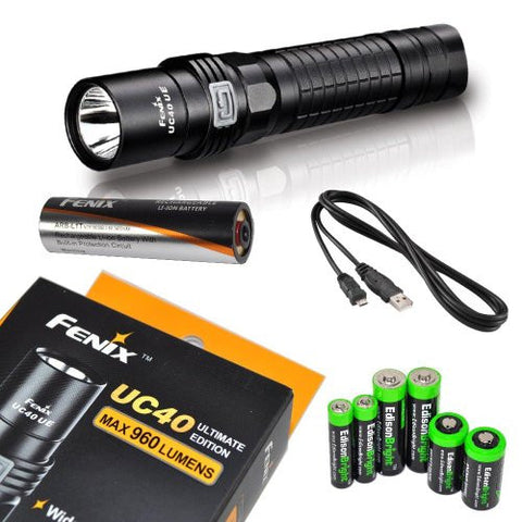 FENIX UC40 Ultimate Edition USB Rechargeable 960 Lumen Cree XM-L2 U2 multi battery type compatible LED Flashlight with, 3400mAh rechargeable battery, USB charging cable and EdisonBright Battery sampler pack.(CR123A/AA/AAA)
