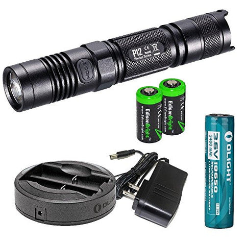 NITECORE P12 1000 Lumens 2015 version high intensity CREE XM-L2 LED long throw tactical Flashlight, Olight Omni-DOK Universal Battery Charger, Olight 18650 3400mAh Li-ion rechargeable battery with two EdisonBright CR123A Lithium Batteries