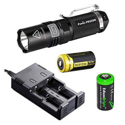Fenix PD22 UE Ultimate Edition 510 Lumen CREE XP-L LED Tactical EDC Flashlight with RCR123A NL166 Li-ion rechargeable battery, i2 smart Charger and EdisonBright CR123A Battery