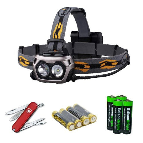 Fenix HP25 Steel Grey Color 360 Lumen LED flood/spot combination light Headlamp with Victorinox Swiss Army Classic SD Knife/multi-Tool, four AA batteries and four EdisonBright AA Alkaline batteries