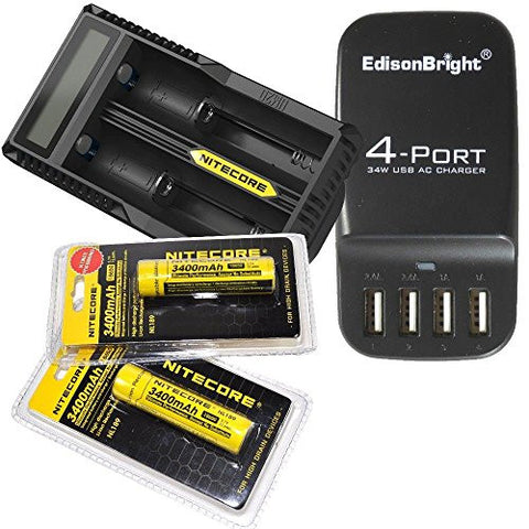 2 Pack NITECORE NL189 3400mAh Protected 18650 Rechargeable Li-ion Batteries, Nitecore UM20 battery charger and EdisonBright EB-4U 4-port USB charging station bundle