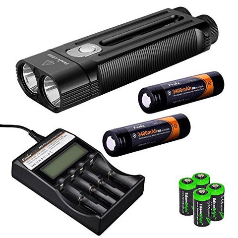 FENIX LD50 1800 Lumen Dual CREE XM-L2 LED slim Flashlight with 2 X Fenix ARB-L2S 3400mAh 18650 Li-ion rechargeable batteries, Fenix ARE-C2 advanced digital battery charger, 4 X EdisonBright CR123A Lithium batteries long duration operator bundle