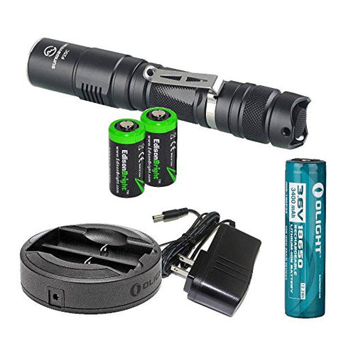 Sunwayman P25C 1000 Lumen CREE XM-L2 U2 LED long throw tactical Flashlight, Olight Omni-DOK Universal Battery Charger, Olight 18650 3400mAh Li-ion rechargeable battery with two EdisonBright CR123A Lithium Batteries