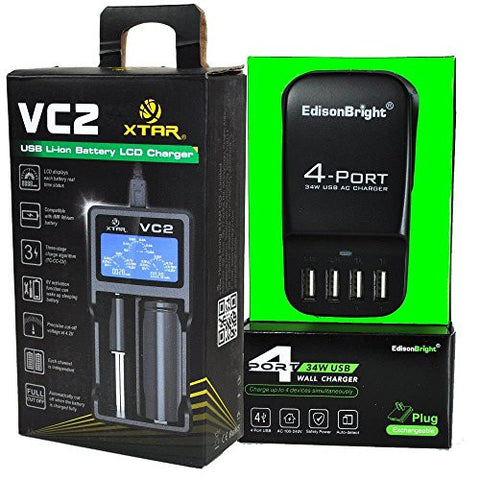 XTAR VC2 universal USB powered smart battery Charger and EdisonBright EB-4U 4-port USB charging station bundle