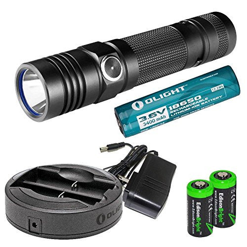 Olight S30 Baton 1000 Lumens CREE LED Flashlight, Olight Omni-DOK Universal Battery Charger, Olight 18650 3400mAh Li-ion rechargeable battery with two EdisonBright CR123A Lithium Batteries bundle