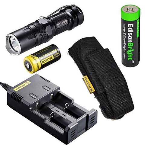 Nitecore SRT3 Defender Cree XM-L2 LED Flashlight Black - Max 550 Lumens / Red / Blue secondary mode with AA battery Extension, Holster, Nitecore i2 Charger, Nitecore NL166 RCR123a rechargeable battery & EdisonBright AA battery