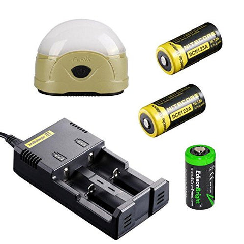 Fenix CL20 165 Lumen dedicated camping light with 2 X Nitecore NL166 RCR123A rechargeable batteries, Nitecore i2 battery charger and EdisonBright CR123A Lithium battery bundle