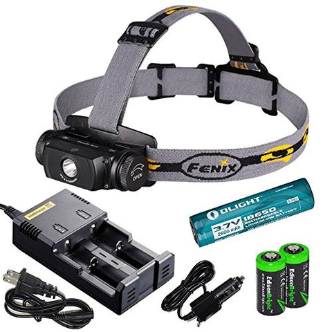 Fenix HL55 900 Lumen CREE XM-L2 T6 LED Headlamp with Genuine Olight 18650 Li-ion rechargeable battery,Nitecore i2 intelligent Charger, Car Charging Cable and Two EdisonBright CR123A Lithium Batteries