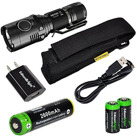 Nitecore MH20 CREE XM-L2 U2 LED 1000 Lumen USB Rechargeable Flashlight, EdisonBright 18650 rechargeable Li-ion battery, USB charging cable, Holster and EdisonBright USB charger bundle