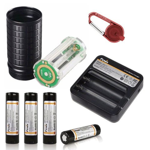 Fenix AER-TK75 Extender Tube for FENIX TK75 LED Flashlight with Battery Magazine, Four Genuine Fenix ARB-L2 18650 Batteries, Fenix ARE-C1 battery Charger and Red Smith & Wesson LED CaraBeamer Clip Light Bundle