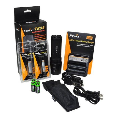 FENIX TK35 U2 860 Lumen Tactical LED Flashlight with 2 x Fenix ARB-L2 2600mAh Li-ion rechargeable batteries, 4 X EdisonBright CR123A Lithium batteries, Fenix ARE-C1 18650 batery charger, in-car Charger adapter, Holster & Lanyard complete package