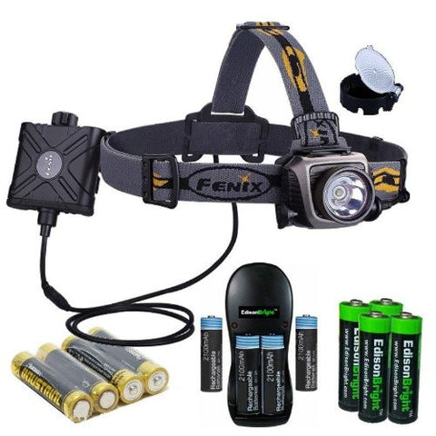 Fenix HP15 500 Lumen long throw LED Headlamp (Grey) with diffuser, Four rechargeable Ni-MH AA batteries, Charger and Four EdisonBright AA Alkaline batteries