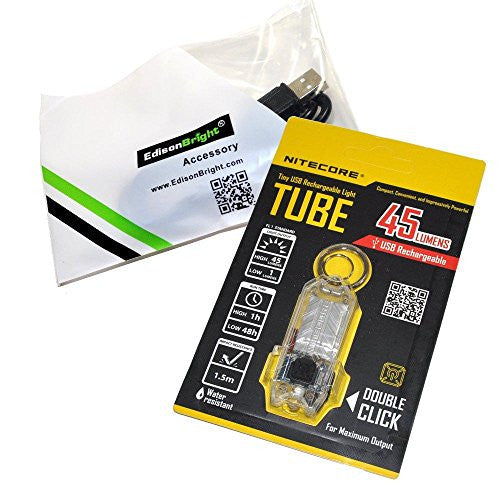 Nitecore TUBE (clear) 45 lumen USB rechargeable LED keychain light and EdisonBright brand USB charging cable bundle