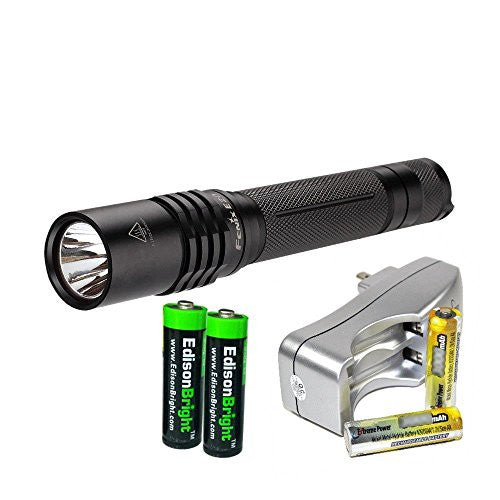 Fenix E20 2015 265 Lumen XP-E2 LED motion control tactical Flashlight with two NiMH rechargeable AA Batteries, Charger & Two EdisonBright AA Alkaline batteries