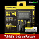 Nitecore D4 smart Charger 2015 version with LCD Display with 12V DC Cable & 2X EdisonBright AA to D Battery Converter Spacers