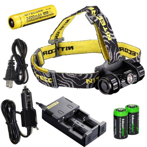 Nitecore HC50 565 Lumens CREE XM-L2 LED headlamp Genuine Nitecore NL189 18650 3400mAh Li-ion rechargeable battery, Nitecore i2 intelligent Charger, Car Charging Cable and Two EdisonBright CR123A Lithium Batteries