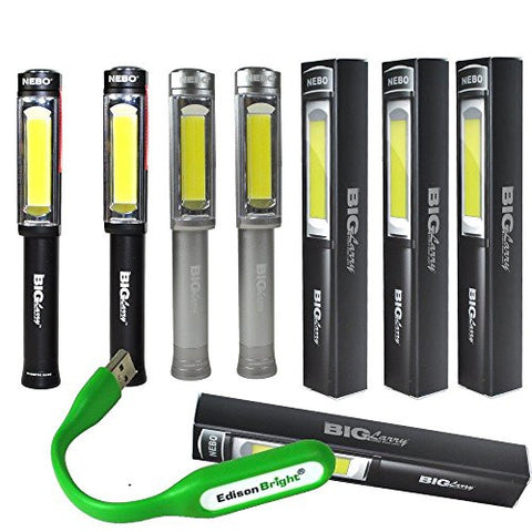 Two color 4 lights bundle: Nebo Big Larry 400 lumen Flashlight 6306 COB LED Magnetic Worklight (Two each Black & Grey) with Six Nebo AA batteries and EdisonBright USB powered reading light bundle