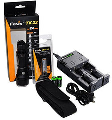 FENIX TK22 650 Lumen Tactical LED Flashlight with Fenix ARB-L2 18650 2600mAh Li-ion rechargeable battery, 2 slot i2 intelligent Battery Charger and 2 X EdisonBright CR123A Lithium batteries package