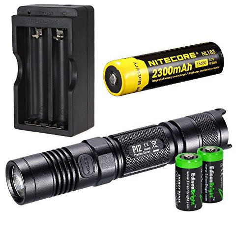 NITECORE 1000 Lumen 2015 version P12 high intensity CREE XM-L2 LED long throw tactical flashlight with Nitecore NL183 rechargeable 18650 li-ion Battery, charger and 2 X EdisonBright CR123A Lithium Batteries Bundle
