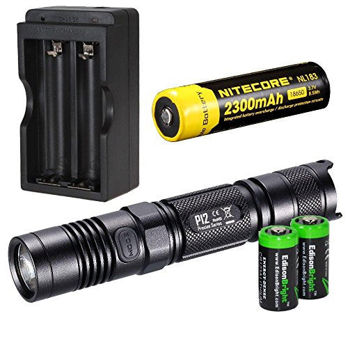 NITECORE 1000 Lumen 2015 version P12 high intensity CREE XM-L2 LED long throw tactical flashlight with Nitecore NL183 rechargeable 18650 li-ion Battery, charger and 2 X EdisonBright CR123A Lithium Batteries Bundle