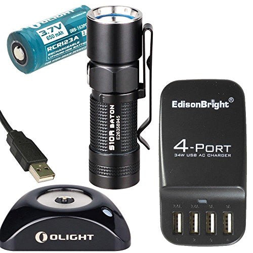 Olight S10R Baton rechargeable 400 Lumens CREE XM-L2 LED Flashlight EDC with RCR123 Li-ion battery , Charging Base with EdisonBright EB-4U 4-port USB charging station bundle