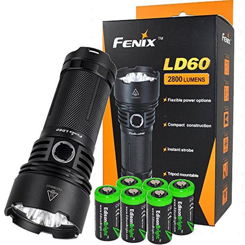 Fenix LD60 2800 Lumen triple CREE XM-L2 (U2) LED Flashlight with six EdisonBright CR123A Lithium batteries bundle