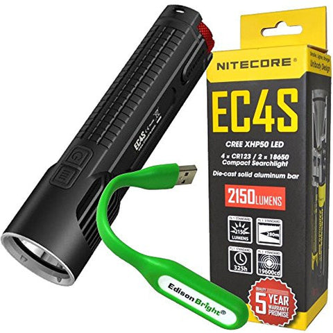 NITECORE EC4S 2150 Lumen high intensity CREE LED tactical die-cast flashlight with EdisonBright USB reading light bundle