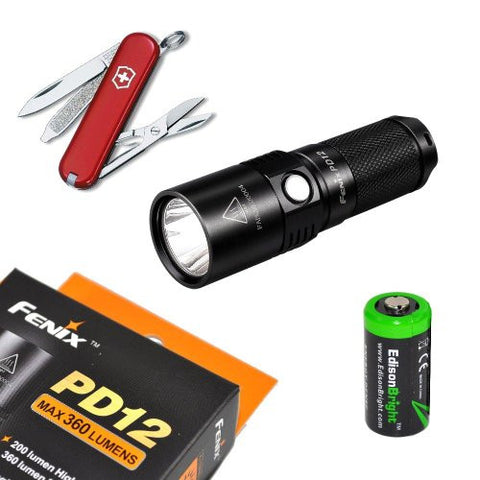 Fenix PD12 360 Lumen CREE XM-L2 T6 LED high-output EDC Flashlight with Victorinox Swiss Army Classic SD Knife/multi-Tool, and EdisonBright CR123A Lithium Battery Bundle