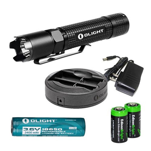 Olight M18 Striker Cree XM-L2 800 Lumens tactical LED Flashlight, Olight Omni-DOK Universal Battery Charger, Olight 18650 3400mAh Li-ion rechargeable battery with two EdisonBright CR123A Lithium Batteries