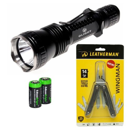 Olight M21X Warrior 600 Lumen CREE XM-L LED tactical flashlight with genuine Leatherman Wingman Multi-tool and Two EdisonBright CR123A Lithium Batteries bundle