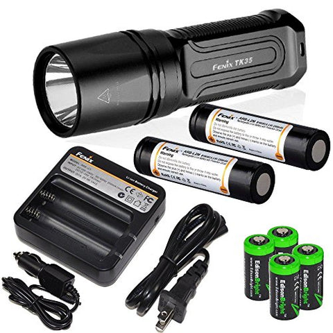 FENIX TK35 2015 version 960 Lumen Tactical LED Flashlight with 2 x Fenix ARB-L2M 2300mAh Li-ion rechargeable batteries, 4 X EdisonBright CR123A Lithium batteries, Fenix ARE-C1 18650 batery charger, in-car Charger adapter, Holster & Lanyard complete