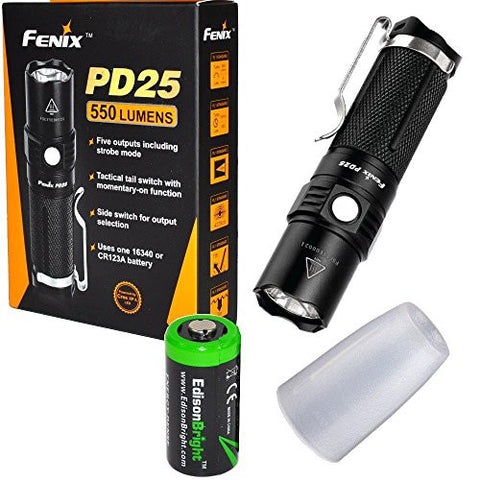 Fenix PD25 550 Lumen CREE LED Tactical EDC Flashlight with AOD-S diffuser, holster, clip and EdisonBright CR123A Lithium Battery bundle