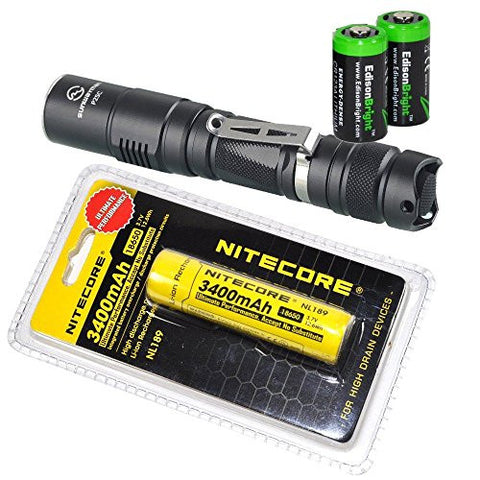 Sunwayman P25C 1000 Lumen CREE LED tactical flashlight with Nitecore NL189 3400mAh rechargeable 18650 Battery and 2 X EdisonBright CR123A Lithium Batteries Bundle