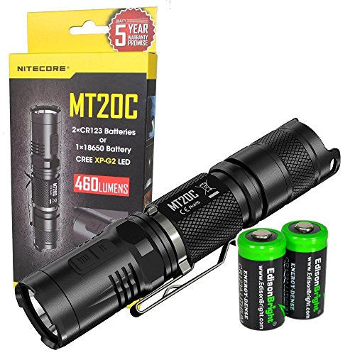 NITECORE MT20C 460 Lumens CREE XP-G2 LED tactical flashlight with 2 X EdisonBright CR123A Lithium Batteries Bundle
