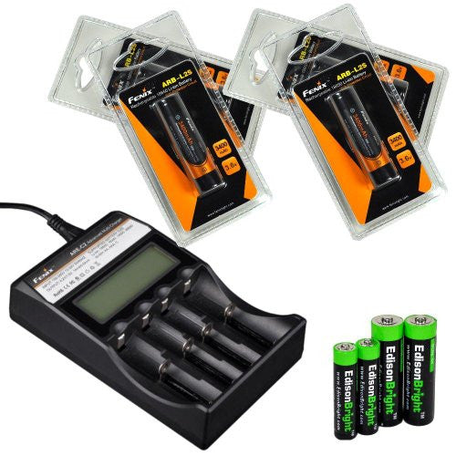 Fenix ARE-C2 four bays Li-ion/ Ni-MH advanced universal smart battery charger, Four Fenix 18650 ARB-L2S 3400mAh rechargeable batteries (For PD35 PD32 TK22 TK75 TK11 TK15 TK35 TK51) with EdisonBright Batteries sampler pack