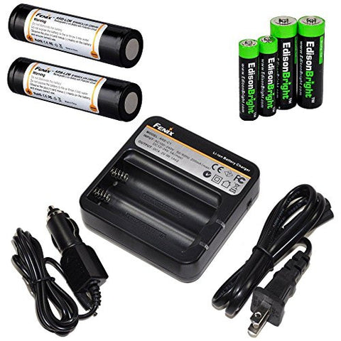 Fenix ARE-C1 two bays Li-ion 18650 home/in-car battery charger, Two Fenix 18650 ARB-L2M 2300mAh rechargeable batteries (For PD35 PD32 TK22 TK75 LD75C TK11 TK15 TK35) with EdisonBright Batteries sampler pack