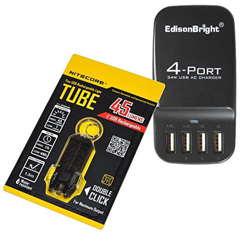 EdisonBright 4 Port EB-4U (34w 4-Port USB Charging Hub) Multi-Port USB Charger with Nitecore TUBE (black) 45 lumen USB rechargeable keychain light