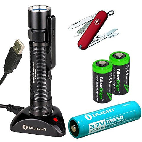 Olight S20R Baton rechargeable XM-L2 550 Lumens LED Flashlight with Victorinox Swiss Army Classic Knife, type 18650 Li-ion battery, charging base with two EdisonBright CR123A Lithium back-up batteries bundle