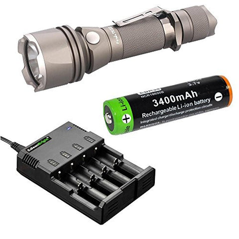 Fenix TK22 XM-L2 T6 680 Lumens Cree neutral LED lossless orange-peel reflector special edition Military Grey tactical Flashlight with EdisonBright EBR34 18650 3400mAh Li-ion rechargeable battery and EdisonBright four bay charger Charger package