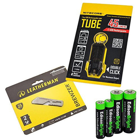 Leatherman Brewzer 831675 multi-tool, Nitecore TUBE (black) rechargeable USB LED keychain light with EdisonBright AA/AAA alkaline battery sampler pack