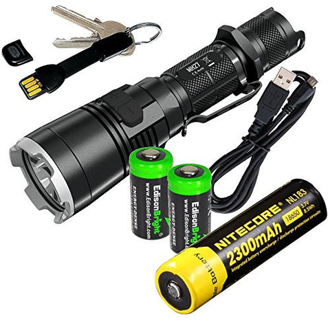 Nitecore MH27 1000 Lumens CREE LED rechargeable Flashlight/searchlight, 18650 rechargeable Li-ion battery, True Utility TU290B Keychain charger cord with 2 X EdisonBright CR123A lithium Batteries