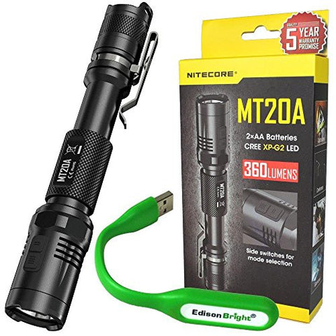 Nitecore MT20A 360 lumen LED tactical Flashlight with holster, lanyard, clip and EdisonBright flexible USB reading light