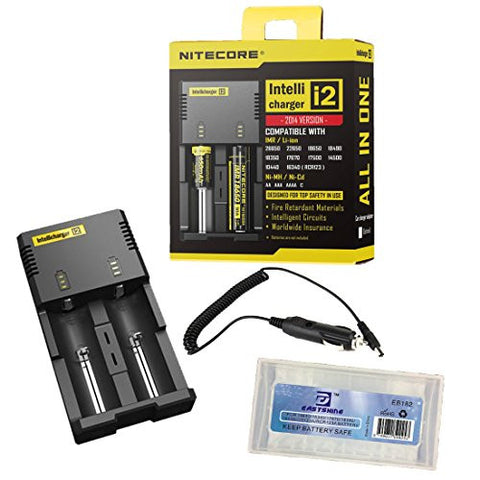 NiteCore IntelliCharger i2 Charger - for charging 18650, 16340(RCR123), 14500, AA, AAA etc. with 12V car charger cable