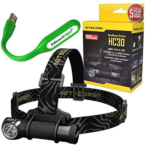 Nitecore HC30 1000 Lumens CREE XM-L2 U2 LED dual-form compact headlamp bundled with EdisonBright USB powered LED reading light