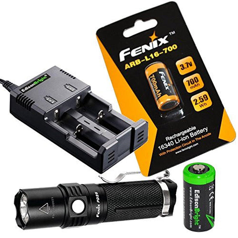 Fenix PD25 550 Lumen CREE LED Tactical EDC Flashlight, Fenix ARB-L16 rechargeable battery, EdisonBright battery charger, holster, clip and EdisonBright CR123A Lithium Battery bundle