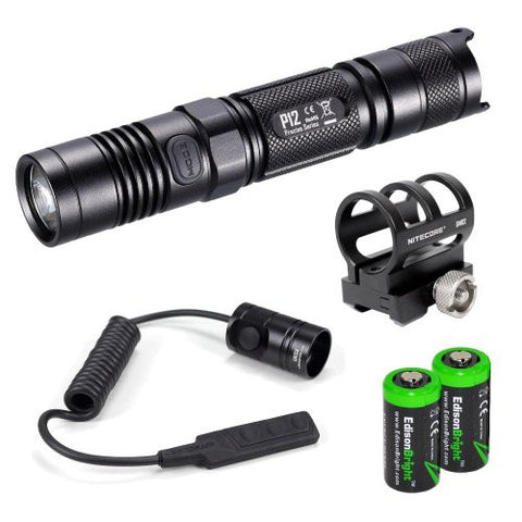 NITECORE P12 2015 version 1000 Lumens high intensity CREE XM-L2 LED long throw tactical flashlight, RSW1 Pressure Switch and GM02 Weapon Mount with 2X EdisonBright CR123A Lithium Batteries bundle