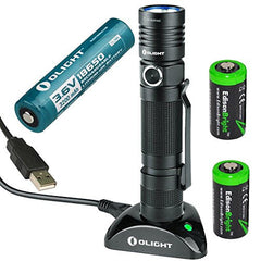 Olight S30R II 1020 Lumen Baton rechargeable XM-L2 U3 LED Flashlight with type 18650 3200mAh Li-ion battery, charging base with two EdisonBright CR123A Lithium back-up batteries bundle