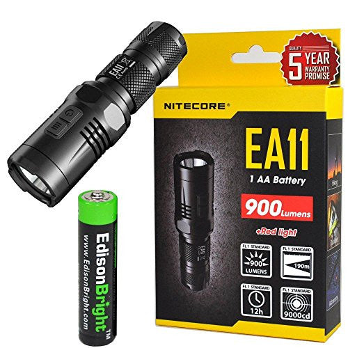 Nitecore EA11 Cree XM-L2 LED Flashlight Max 900 Lumens, Red secondary mode with, Holster, clip, lanyard & EdisonBright AA battery