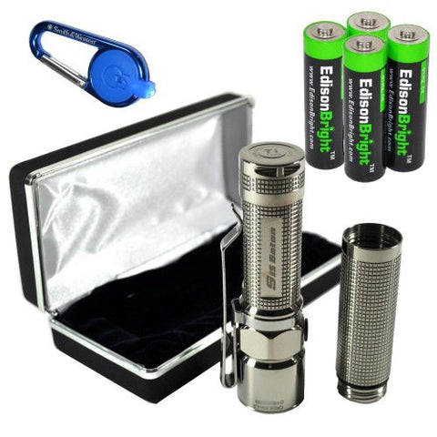 Olight S15 Baton Ti Titanium (Polished) Special Edition XM-L2 260 Lumens LED single AA Flashlight EDC with free extender tube, Smith & Wesson LED CaraBeamer Clip Light and four EdisonBright AA alkaline Batteries